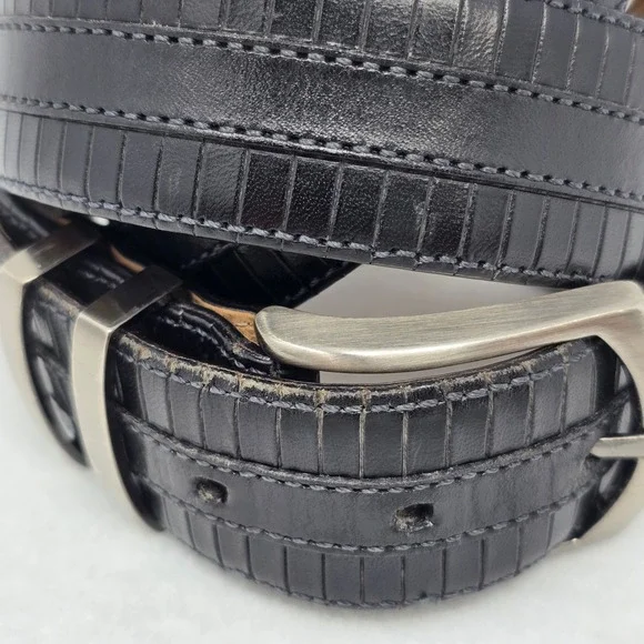 Mezlan Mens Belt Sz 48 Black Leather 8700/35 Brushed Silver Spain Big & Tall - Picture 5 of 16
